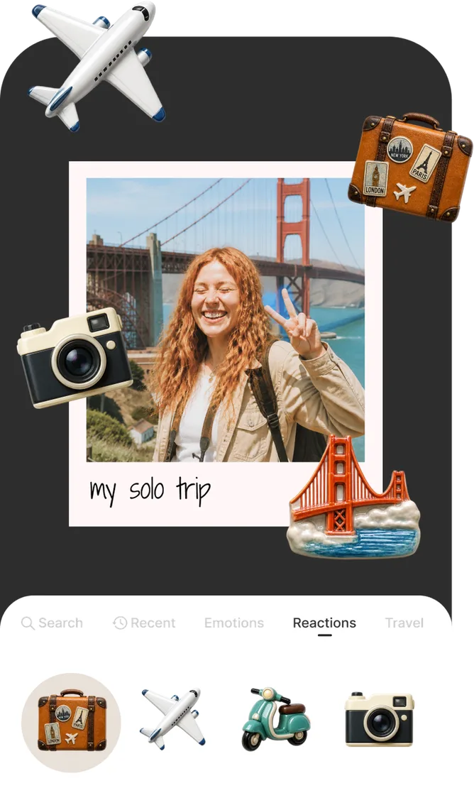 A travel photo decorated with a 3D camera, suitcase and Golden Gate Bridge magnets, above the sticker picker